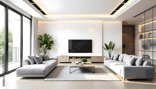 A modern living room interior design with built-in tv cabinet with sofa photo