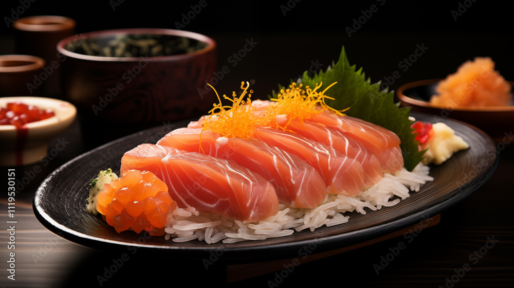 Exquisite Japanese Sashimi Dish Featuring Assorted Fresh Seafood Cuts, Vibrant Colors, and Elegant Presentation Exquisite Japanese Sashimi Dish Featuring Assorted Fresh Seafood Cuts, Vibrant Colors, and Elegant Presentation