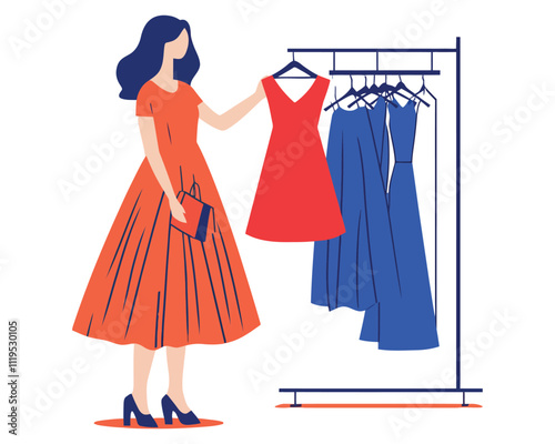 Elegant Woman Choosing Clothes from a Rack in Modern Flat Design