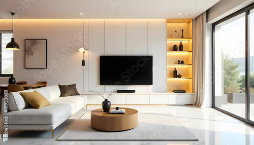 A modern living room interior design with built-in shelf and led strip light white tv cabinet with sofa