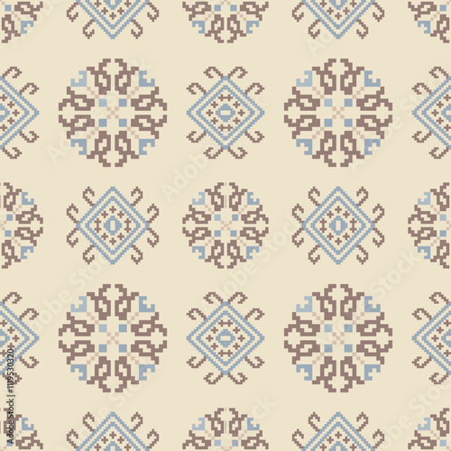 Art Abstract with Pixel Art Designs. Traditional Cross Stitch needlework. Geometric Ethnic Pattern, Embroidery, Textile Ornamental, Fabric, Hand Stitch Pattern, Cultural Stitching Pixel Art