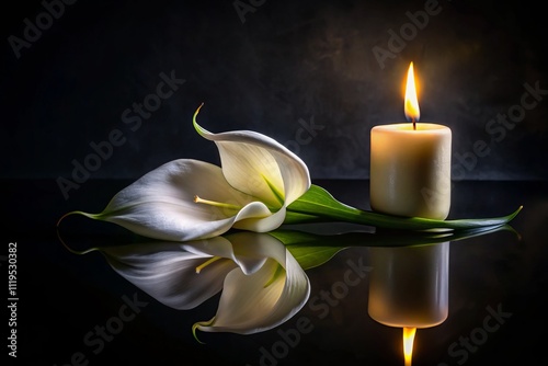 A solemn scene of a white calla lily beside a flickering candle, capturing the essence of mourning and grief, set against a stark black background, evoking deep emotions and reflection.