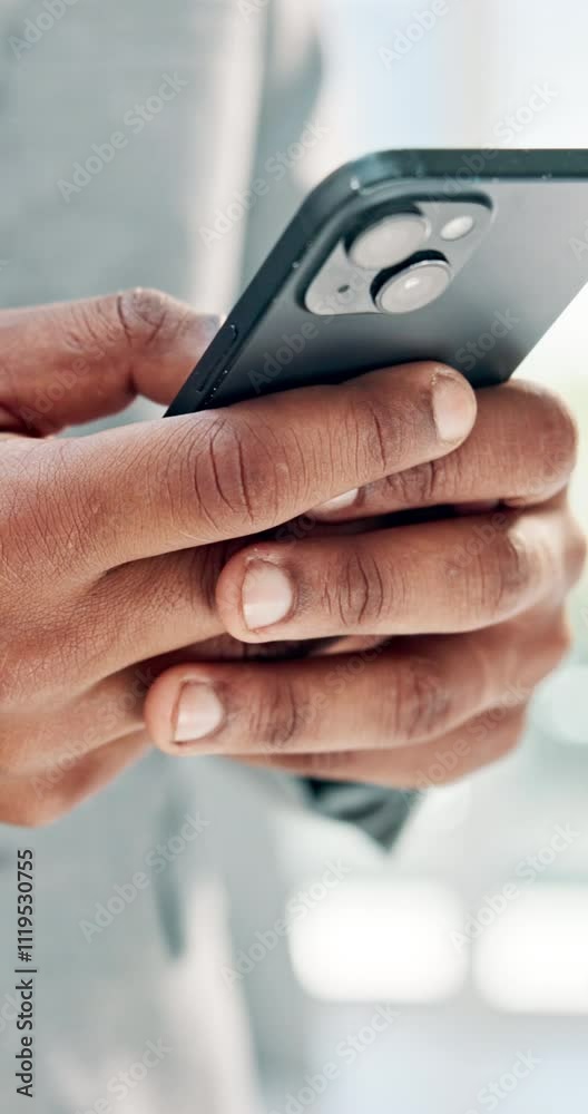 Hands, business and man browsing on smartphone for news update on social media and website. Closeup, internet connection and search online for opportunities, stock exchange and market share value Hands, business and man browsing on smartphone for news update on social media and website. Closeup, internet connection and search online for opportunities, stock exchange and market share value