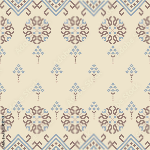 Art Abstract with Pixel Art Designs. Traditional Cross Stitch needlework. Geometric Ethnic Pattern, Embroidery, Textile Ornamental, Fabric, Hand Stitch Pattern, Cultural Stitching Pixel Art