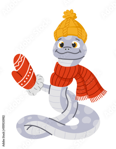 Cute gray christmas snake knit cap and scarf. Symbol of 2025 New Year wear xmas knit sweater. Isolated vector illustration on white background.