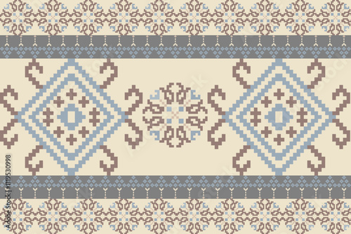 Art Abstract with Pixel Art Designs. Traditional Cross Stitch needlework. Geometric Ethnic Pattern, Embroidery, Textile Ornamental, Fabric, Hand Stitch Pattern, Cultural Stitching Pixel Art
