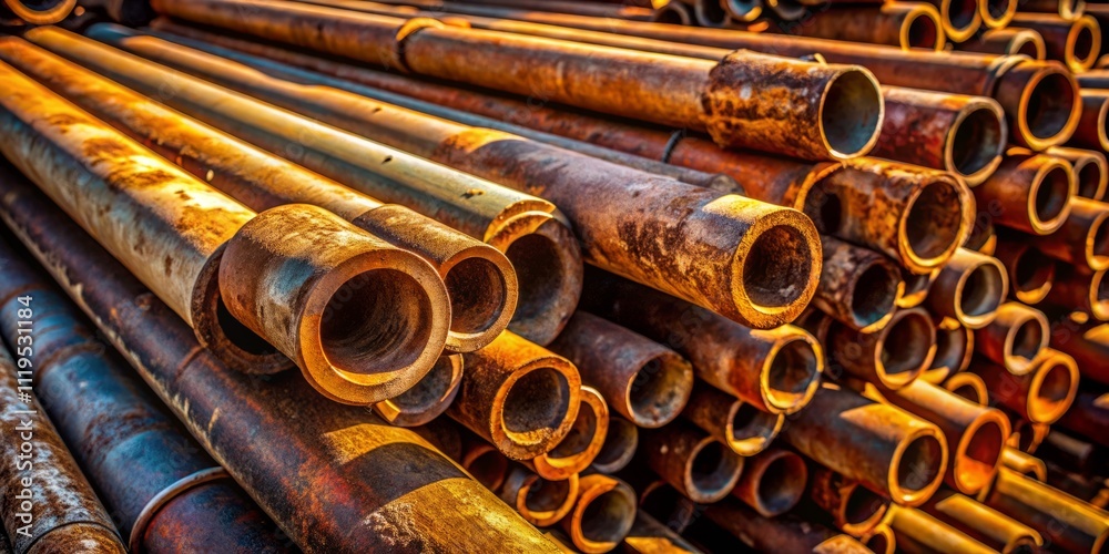 Candid Photography of Rusty Old Pipes Stacked Up, Capturing Natural Light and Texture in an Industrial Setting, Evoking a Sense of Nostalgia and Time's Passage Candid Photography of Rusty Old Pipes Stacked Up, Capturing Natural Light and Texture in an Industrial Setting, Evoking a Sense of Nostalgia and Time's Passage