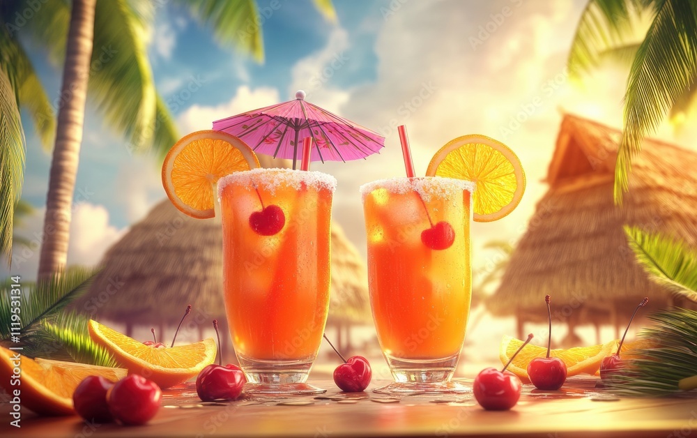 Flying mai tai glasses with orange slices, umbrellas, and cherries, bold and colorful, placed against a tropical hut background Flying mai tai glasses with orange slices, umbrellas, and cherries, bold and colorful, placed against a tropical hut background