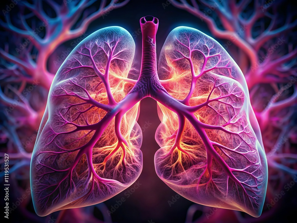 Close-Up of a Pink Lung with Delicate Pink Veins Illuminated in Low Light for Medical and Biological Illustrations, Showcasing Intricate Details of Pulmonary Anatomy Close-Up of a Pink Lung with Delicate Pink Veins Illuminated in Low Light for Medical and Biological Illustrations, Showcasing Intricate Details of Pulmonary Anatomy