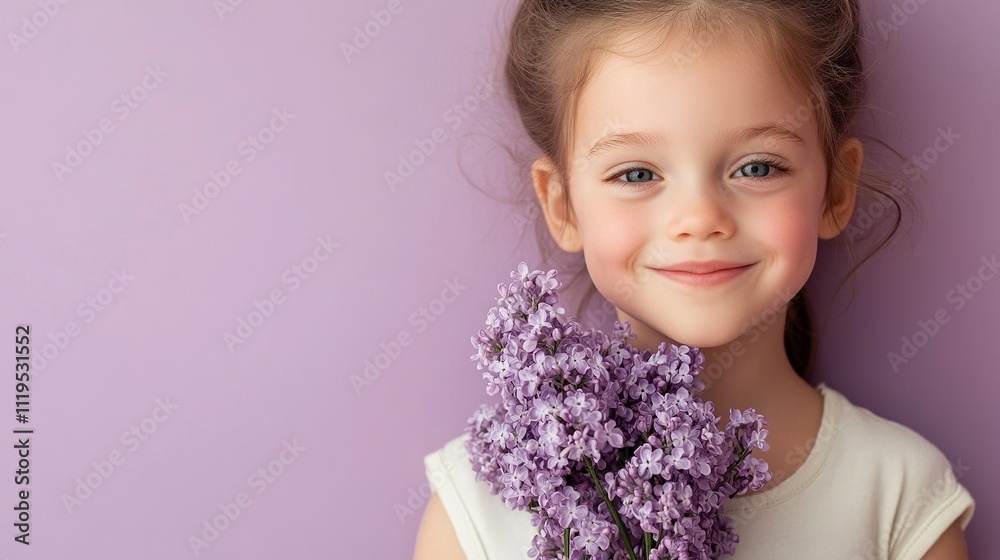 A cheerful child holding a bunch of lilacs stands against a soft lavender background. A cheerful child holding a bunch of lilacs stands against a soft lavender background.