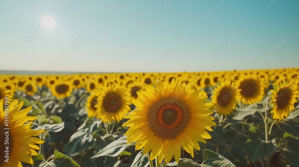 Fototapeta premium A field of sunflowers under a bright sky.