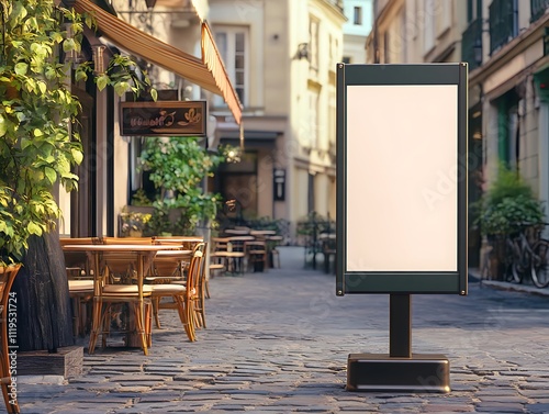 Sidewalk advertisement board with a clean space for branding outside a cafe, urban background, marketing concept, Generative Ai photo