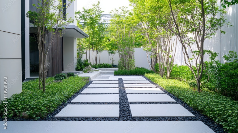 Modern minimalist garden pathway with lush greenery. Modern minimalist garden pathway with lush greenery.