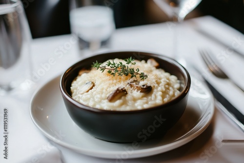 A bowl of creamy risotto garnished with herbs, served on a dining table.