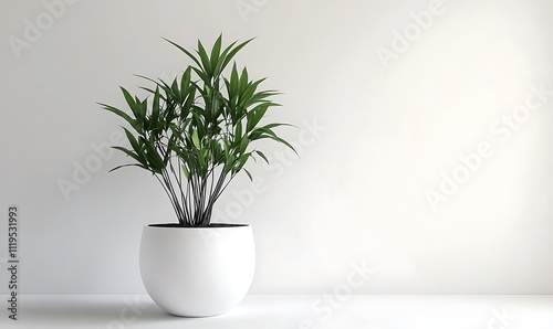 sleek minimalist indoor plant in modern white planter clean lines and monochromatic palette emphasize the plants organic form against a stark white background, Generative Ai