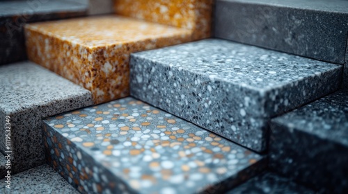 Stacked terrazzo stone slabs showcasing a variety of colors and patterns, highlighting architectural style and design diversity in a tactile close-up. photo