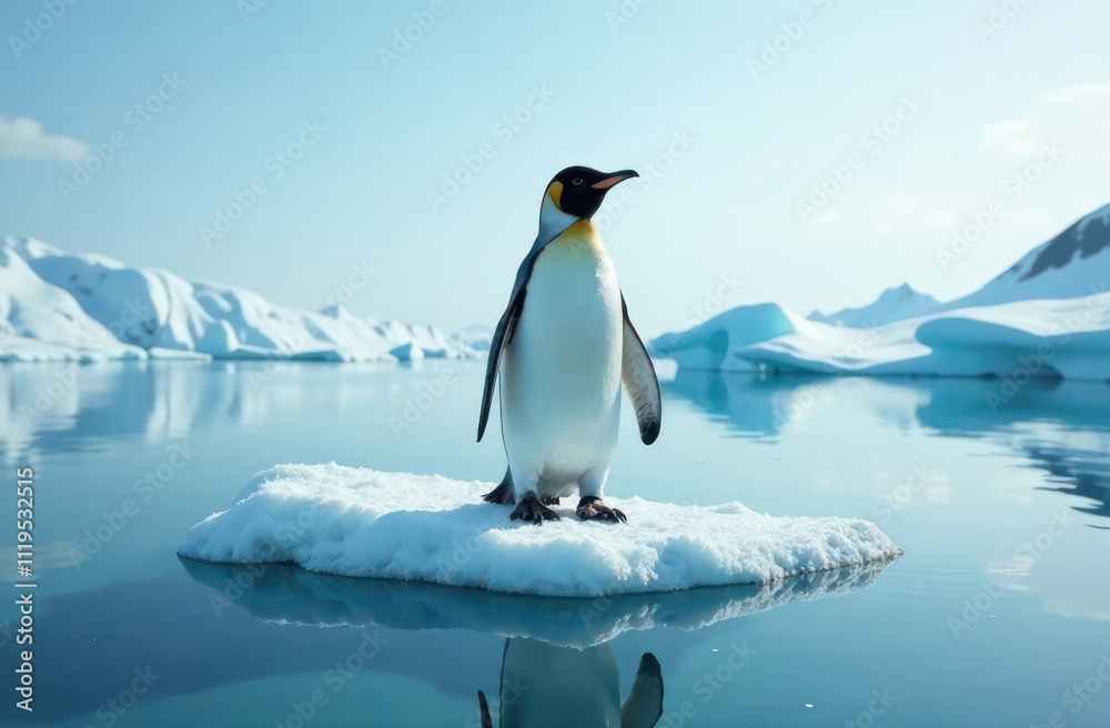 Fototapeta premium alone penguin standing on melting ice floe caused by global warming, surrounded by open blue water on north pole. climate change impact, environmental awareness, ecology concept