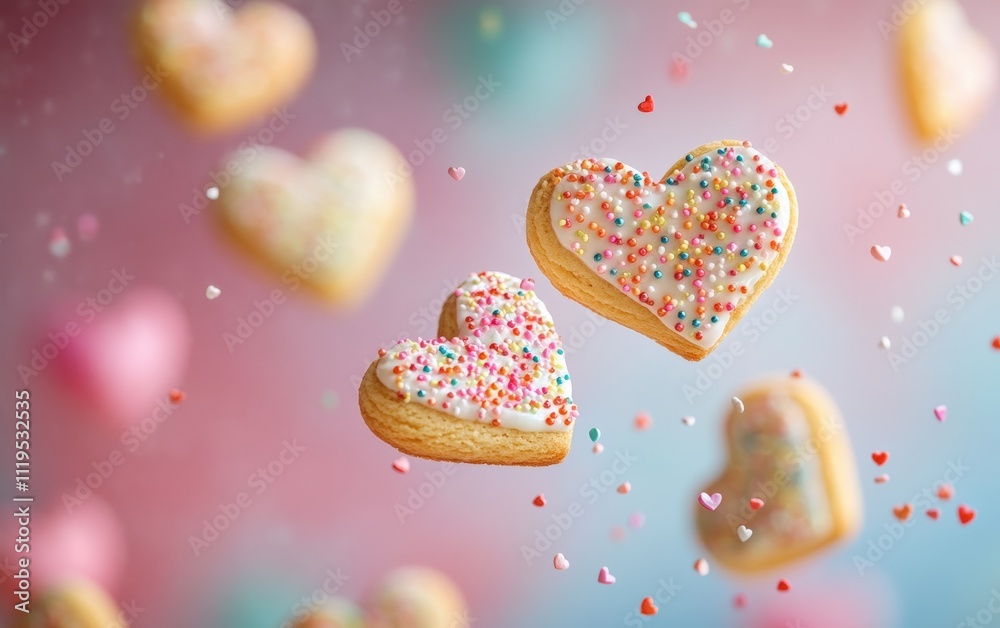 Fototapeta premium Valentine Cookie Explosion Heart-shaped cookies with icing and sprinkles flying mid-air, set against a colorful Valentine’s bakery background