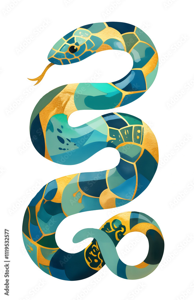 Beautiful sea snake with blue and gold pattern skin. Chinese New Year 2025 zodiac sign character. Isolated clip art Beautiful sea snake with blue and gold pattern skin. Chinese New Year 2025 zodiac sign character. Isolated clip art