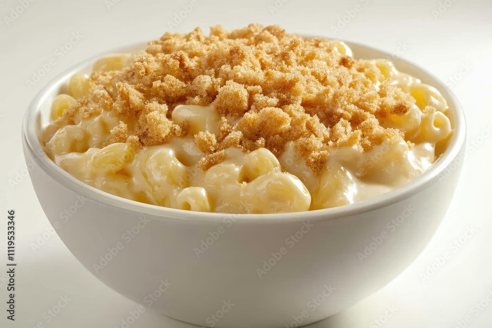 A bowl of creamy macaroni and cheese topped with crunchy breadcrumbs. A bowl of creamy macaroni and cheese topped with crunchy breadcrumbs.