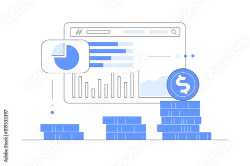 Analyzing financial data and planning investment strategy. Examining graphs, charts and diagrams. Financial research concept. . Flat Cartoon Vector Illustration, icon. Stylish abstract