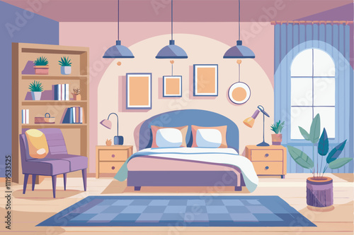 Cozy cartoon bedroom in purple and pink hues with double bed, bookshelf, armchair, and lamps. Natural light, plants, modern and classic decor create relaxing atmosphere.