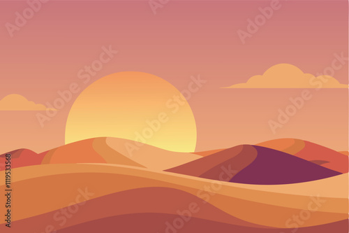 A sunset desert landscape with a large golden sun, pink sky, sand dunes, and thin clouds creates a tranquil and romantic atmosphere.