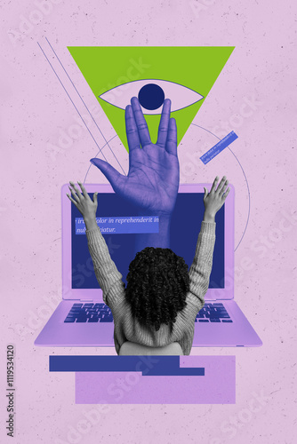 Composite trend artwork sketch image photo collage of huge eye watch spy young woman work laptop remote hand gesture alien sign hi photo