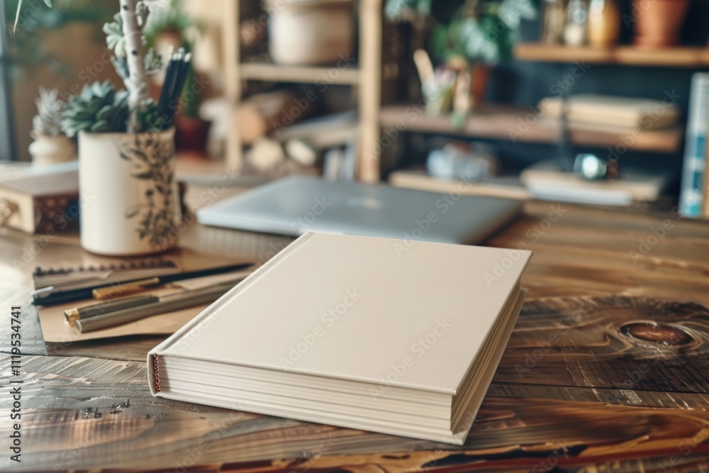 A mockup of a simple magazine with a single-color cover placed in an office setting with stationery. Printing