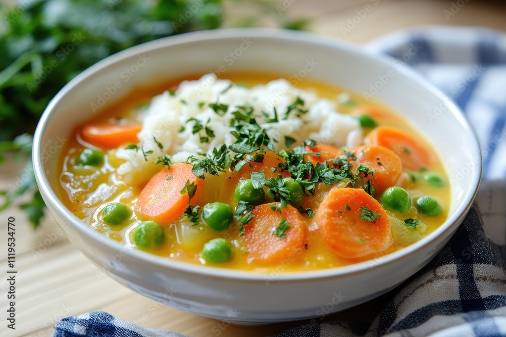 A bowl of vibrant vegetable soup with carrots, peas, and rice, garnished with herbs. A bowl of vibrant vegetable soup with carrots, peas, and rice, garnished with herbs.