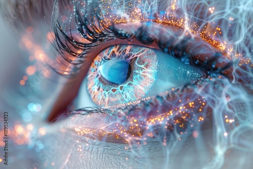 An advertisement for contact lenses featuring a close-up of brightly coloured lenses on a model's eyes, with dynamic lighting and reflections.