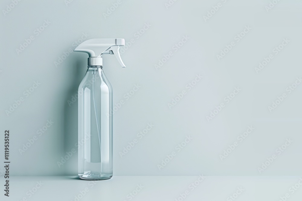 Close-up view of a cleaning spray bottle mockup with a sleek and modern design, displayed against a clean, white background Close-up view of a cleaning spray bottle mockup with a sleek and modern design, displayed against a clean, white background