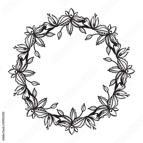 Boho simple wreath - vector doodles of the flowers and leaves, black and white.