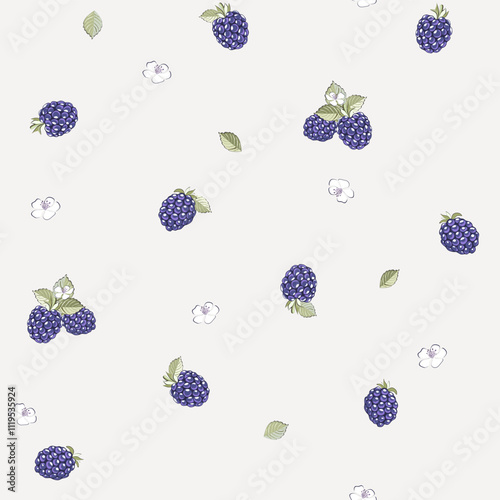 Vector illustration. Seamless pattern of small blackberry berries on a light beige background. Ditsy purple blackberry pattern, blackberry harvest, children's print, design fabric, textile, wallpaper