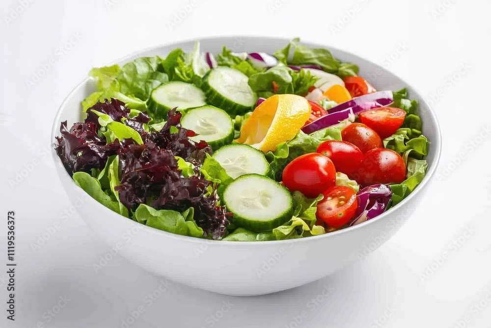 A fresh salad in a white bowl featuring greens, cucumbers, tomatoes, and lemon. A fresh salad in a white bowl featuring greens, cucumbers, tomatoes, and lemon.