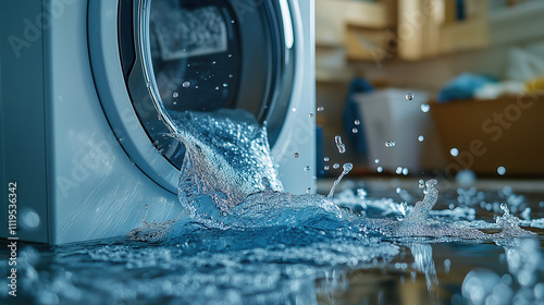 Washing machine water leak with splashing water in kitchen setting