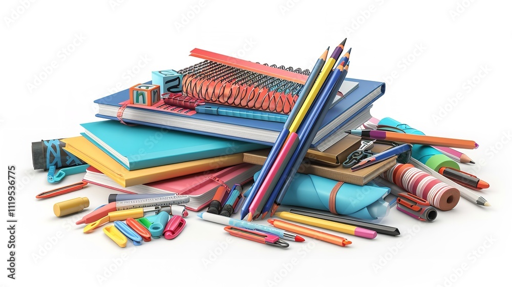 PNG stack of books, pencils and other school accessories isolated on white background, Ai Generated. PNG stack of books, pencils and other school accessories isolated on white background, Ai Generated.