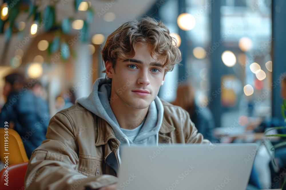 Young man working or studying in cafeteria online with laptop Young man working or studying in cafeteria online with laptop