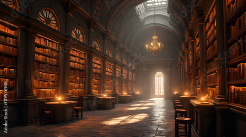 A Majestic Library Interior Bathed in Soft Natural Light, Showcasing Timeless Architecture and Rich Literary Heritage photo