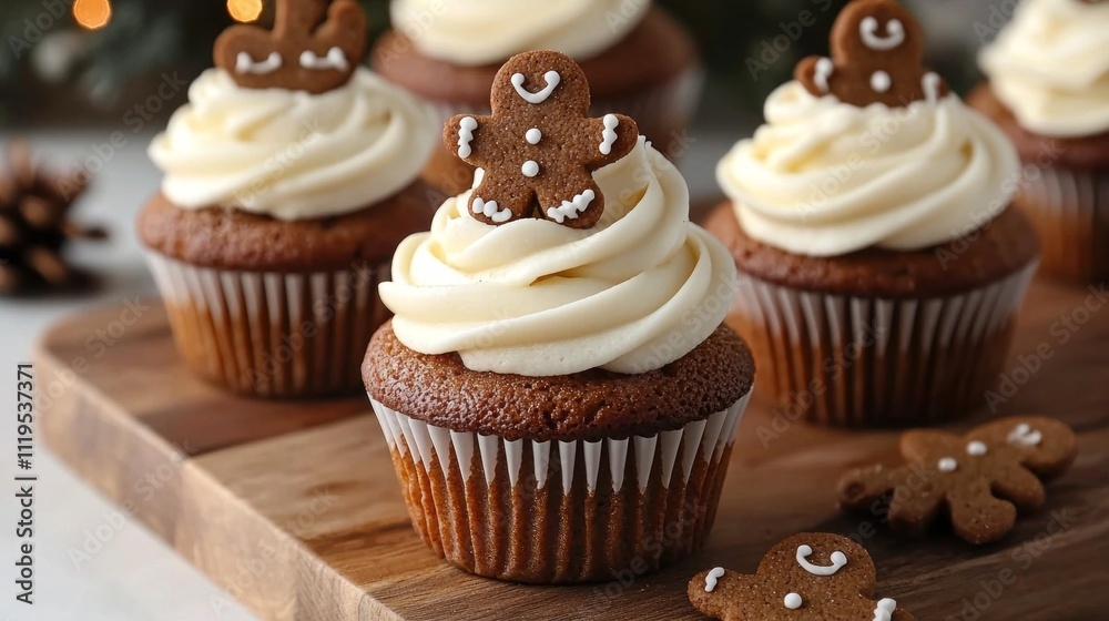 Festively decorated gingerbread cupcakes stand proudly with swirls of creamy frosting while mini gingerbread men add a touch of holiday cheer. Perfect for celebrating the season Festively decorated gingerbread cupcakes stand proudly with swirls of creamy frosting while mini gingerbread men add a touch of holiday cheer. Perfect for celebrating the season