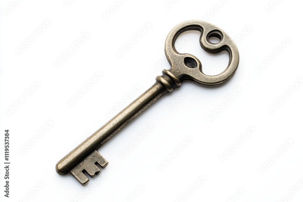 Antique key with a unique intricate design on a plain background Antique key with a unique intricate design on a plain background