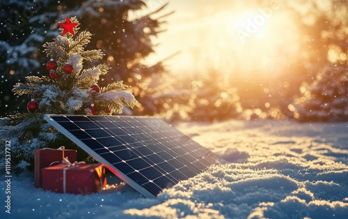 winter solar panel sunny day and christmass gift --ar 8:5 --v 6.1 Job ID: 8d1eb1c0-d131-4b12-8ba0-421fb66a4c8e photo