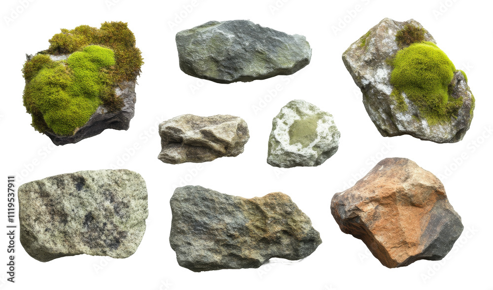 Collection of various rocks with green moss isolated on transparent background Collection of various rocks with green moss isolated on transparent background