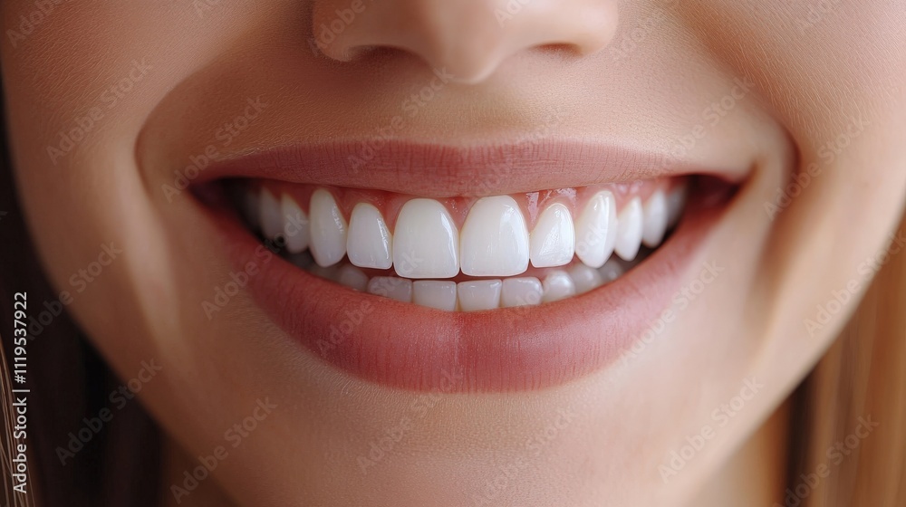 Fototapeta premium A close-up of a smiling woman showcasing her bright, white teeth, emphasizing dental health and beauty.