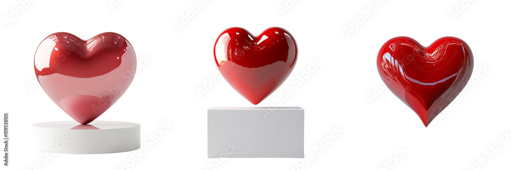 Set of A 3D rendering of a glossy red heart on a white square podium, isolated on a,PNG format Background Set of A 3D rendering of a glossy red heart on a white square podium, isolated on a,PNG format Background