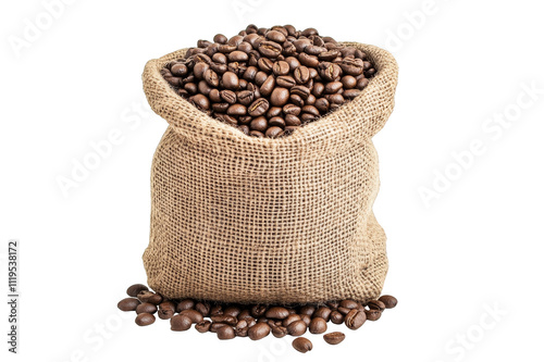 Roasted coffee beans overflowing from a burlap sack isolated on transparent background