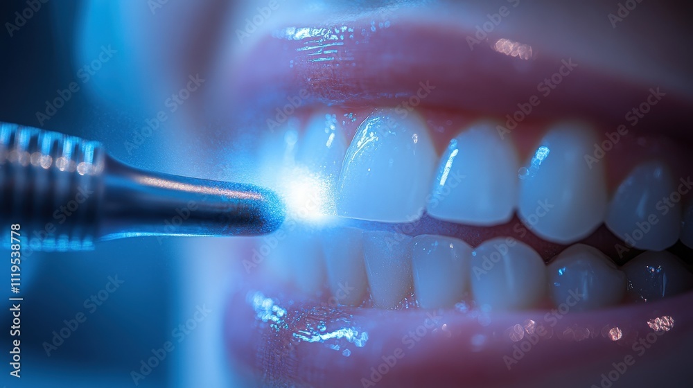 A close-up of a person's mouth showing bright, healthy teeth being treated with a dental tool that emits a blue light. A close-up of a person's mouth showing bright, healthy teeth being treated with a dental tool that emits a blue light.