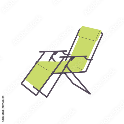 Icon of folding trekking chair. Foldable armchair to relax at camping. Picnic seat, hiking sunbed for travel. Journey tool for sitting, rest. Flat isolated vector illustration on white background