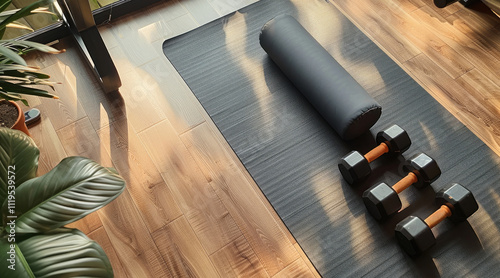 In gym, a yoga mat, a bolster for stretching, small dumbbells.