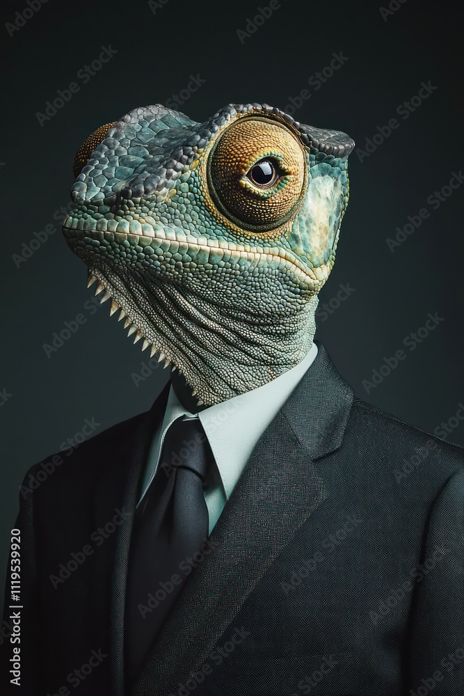 Chameleon in office wear, merging professional appearance with animal characteristics. Chameleon in office wear, merging professional appearance with animal characteristics.